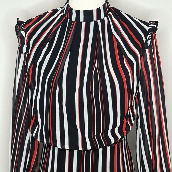 Area Stars Striped Long Sleeve Ruffle Mini Dress XS Black White Red - Picture 6 of 11